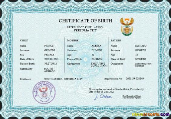 South Africa birth certificate